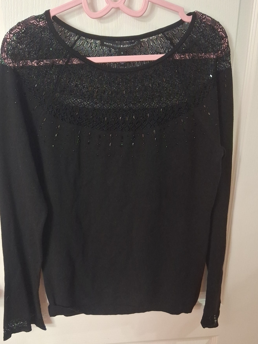 White House Black Market Black Lace Yoke Crewneck Sweater with Sparkle NWOT S